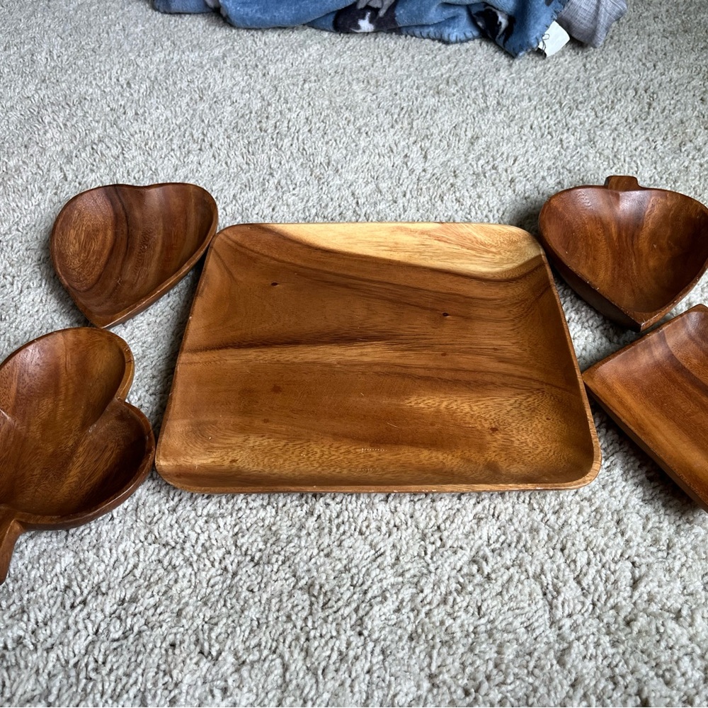 Wooden Serving Tray and Heart Bowls Set